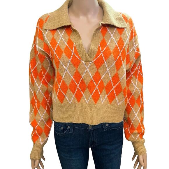 Zara Argyle Cropped Sweater Medium Cotton Alpaca Blend Preppy Classic Collared - Picture 1 of 10